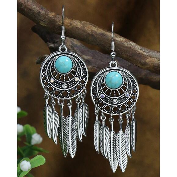 Bohemian Silver with blue Stone Drop Feather Earrings - Picture 1 of 1